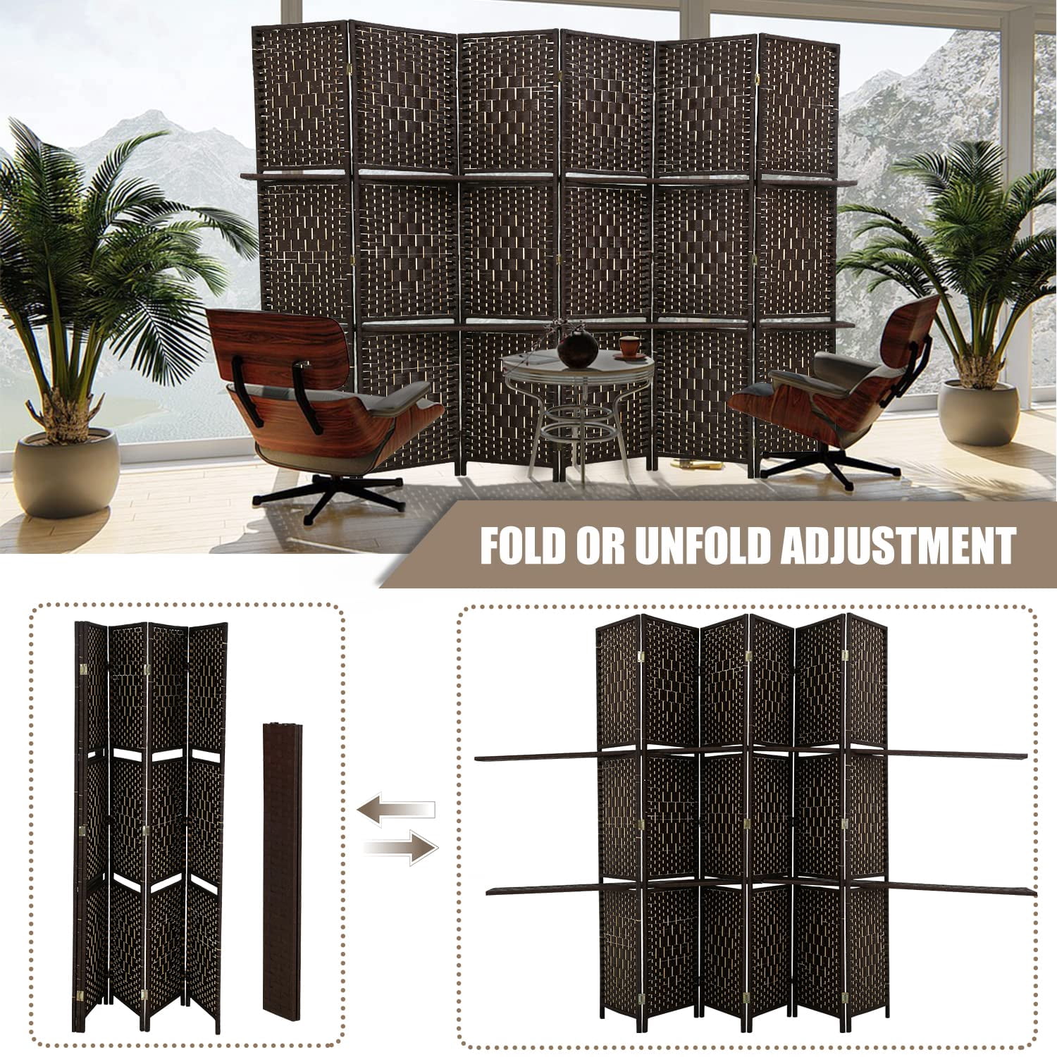 YRLLENSDAN 6 Panel Folding Room Divider with Storage Shelves, Tall Wall Partition, Freestanding Indoor Privacy Screen, Black