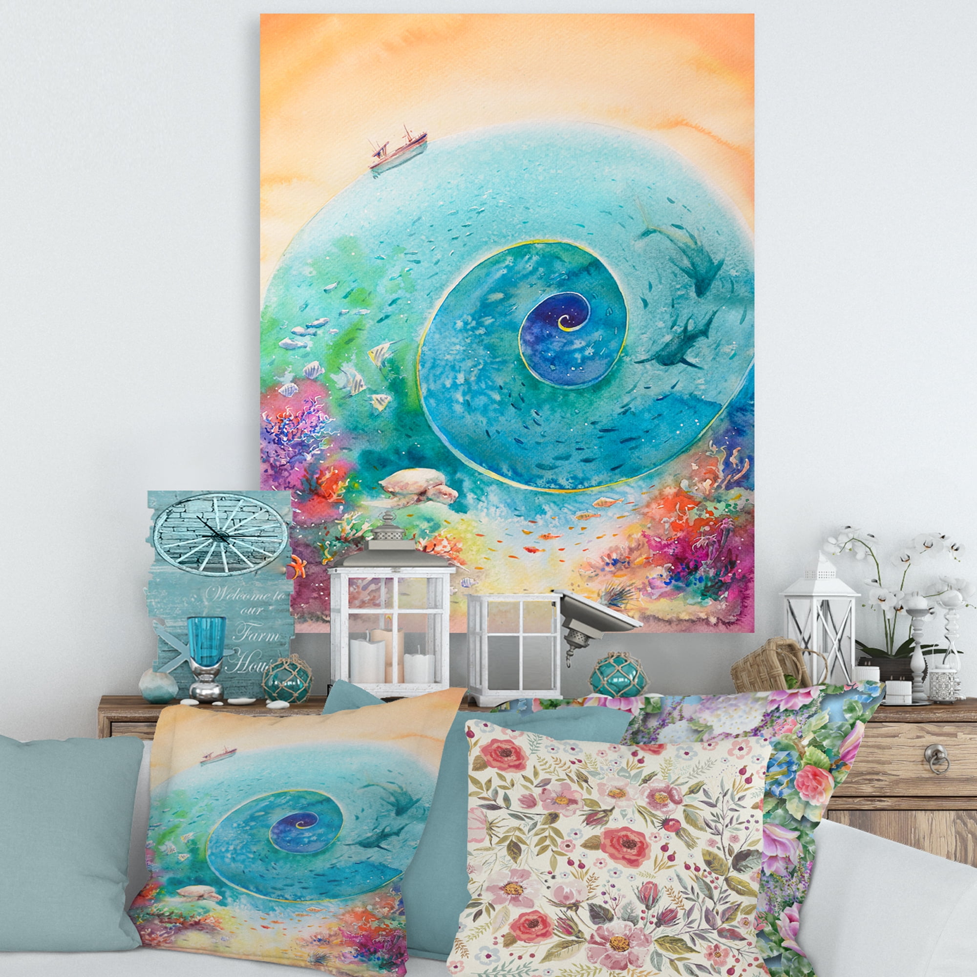 Designart ' Coral Reef Fishes With Turquoise Ocean Spiral ' Nautical & Coastal Canvas Wall Art Print