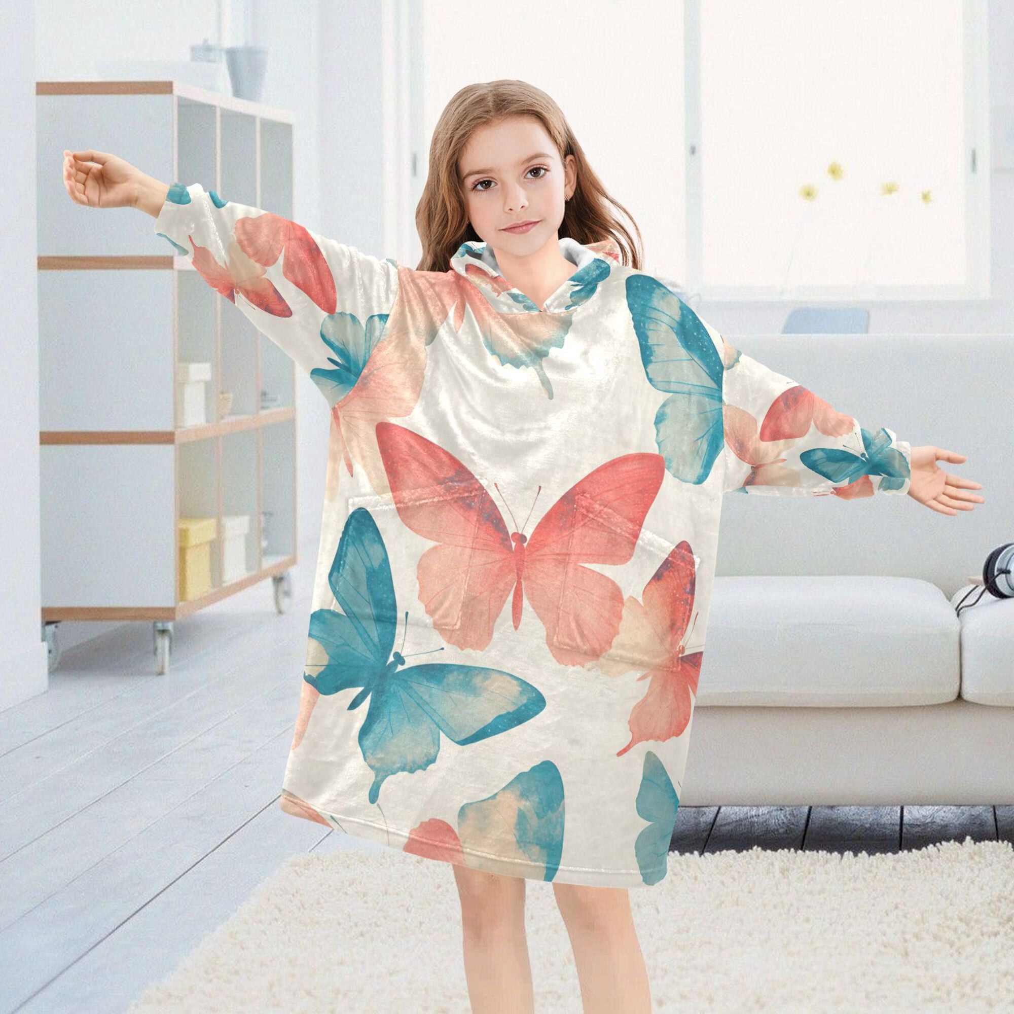 FORMRS Wearable Blanket Hoodie with Sleeves for Kids Cozy Flannel Sweatshirt, Watercolor Butterflies