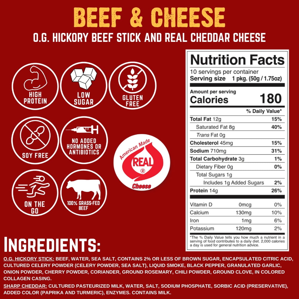 Righteous Felon O.G. Hickory Beef & Cheddar Cheese Sticks, 14g Protein, 100% Grass-Feed - 10 Combo Sticks