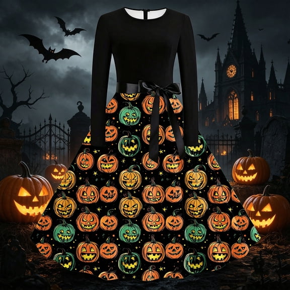 LEKWK Halloween Dresses for Women Printed Long Sleeve A-Line Midi Gown Crewneck Graphic Gothic Dresses with Belt Witch Renaissance Costume