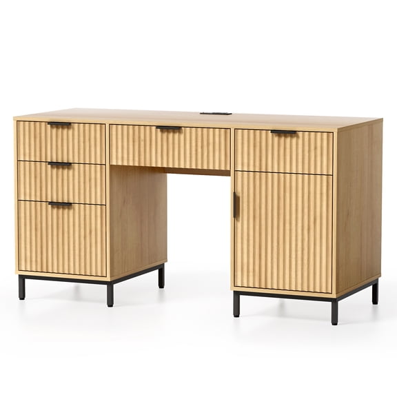 Joyyskill Fluted Executive Desk with File Drawer, 55" Large Computer Desk with Storage and Charging Station, Modern Wooden Home Office Desk, Nautral Oak