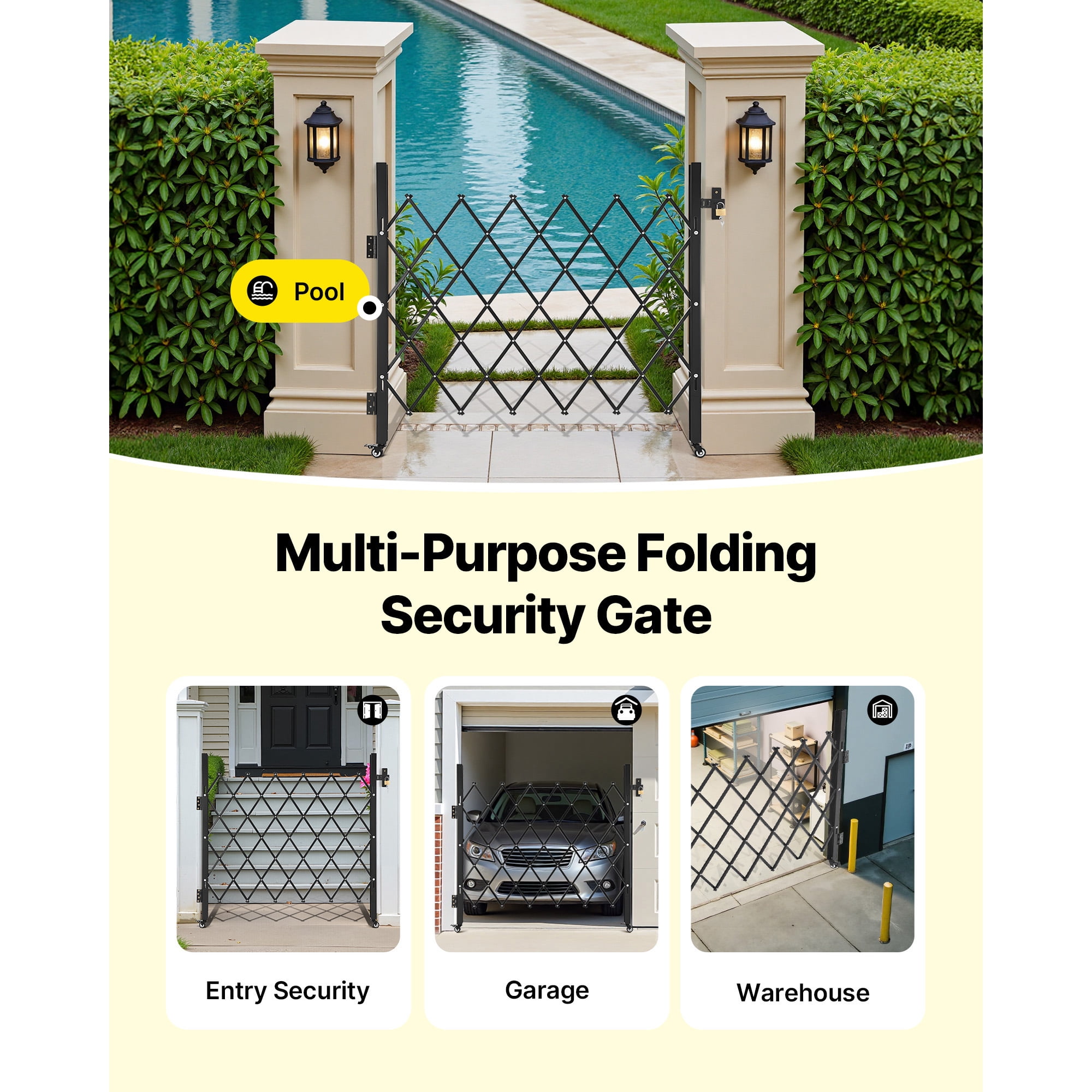 KFFKFF Single Folding Security Gate, Lockable Scissor Gate with Swivel Casters, Steel Retractable Gate for Entryways, Garages, Warehouses, and Pools, 43.31 x 51.57 in (W x H)