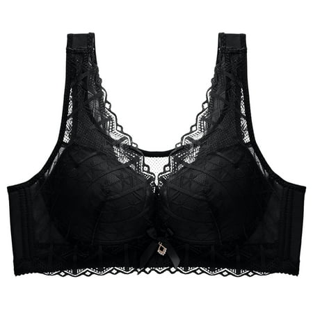 Riecok Daily Bra Spaghetti Straps Basic Bralette Full Coverage Soft Bras Lingerie Lace Bras for Women Plus Size Lace Bras for Women Plus Size Bra Solid Lace V Neck M Black