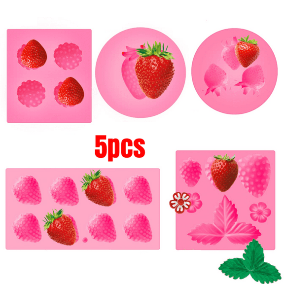 5 Pack Pink Strawberry Silicone Molds, Strawberry Baking Mold, Silicone Handmade Candy Jelly Bakeware, Strawberries Mold Cupcake Embed Silicone Molds Fruit Shape Pastry Mold