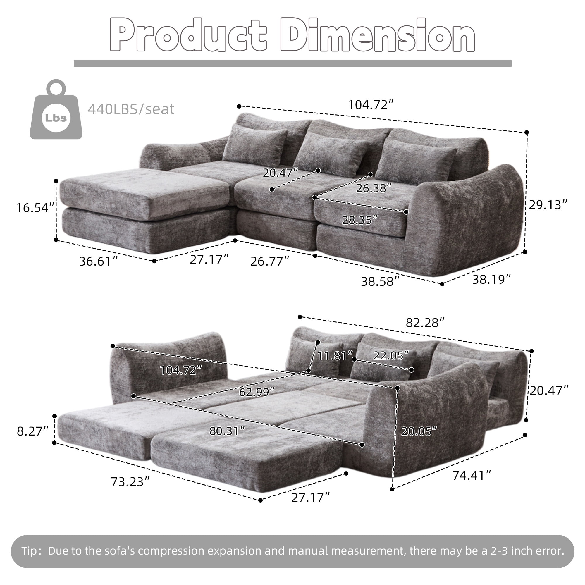 BSHTI Foldable Wave Star Modular Sofa, Chenille Fabric, 4-in-1 Modern Couch for Living Room, Modular Sectional Sofa with Chaise, Free Combination 3 Seater Sofa, Grey