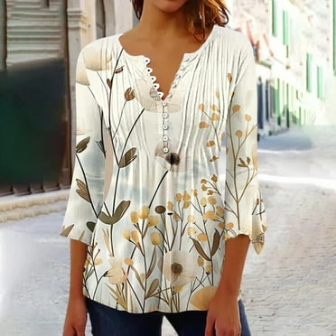 Dolkfu Ladies Tops Bell Button V Neck 3/4 Sleeve Pleated Floral Dressy Casual Tee Shirts Beach Shirts for Women L