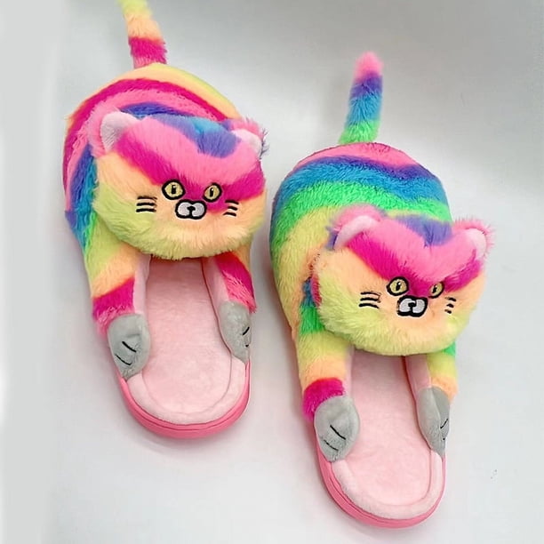 Zapatillas de gato abrazo de peluche para mujer y hombre, toboganes de invierno para el hogar, zapatos de suelo Kawaii, zapatillas peludas, mulas blancas para niña
