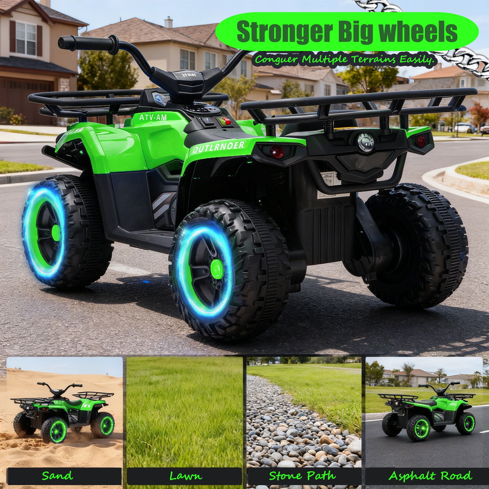 iYofe 24V Big Kids Ride on ATV Quad, Electric 4 Wheeler for Kids 3-6 with Battery Display, Anti-Slip Tires, LED Headlights, Bluetooth, MP3, Storage Racks, Gifts for Birthday & Christmas, Green