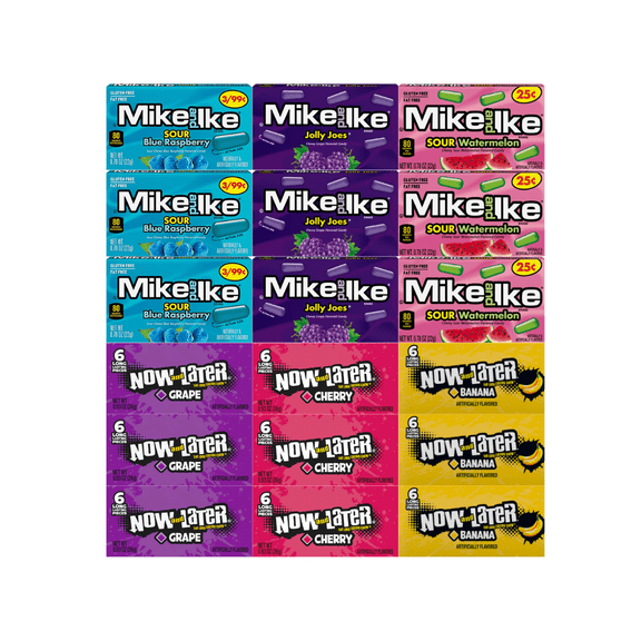 Assorted Candy Mix Variety Pack – 3 Flavors of Mike and Ike & 3 Flavors of Now and Later – Includes Sour Blue Raspberry, Jolly Joes, Sour Watermelon, Grape, Cherry, Banana – 18 Pack