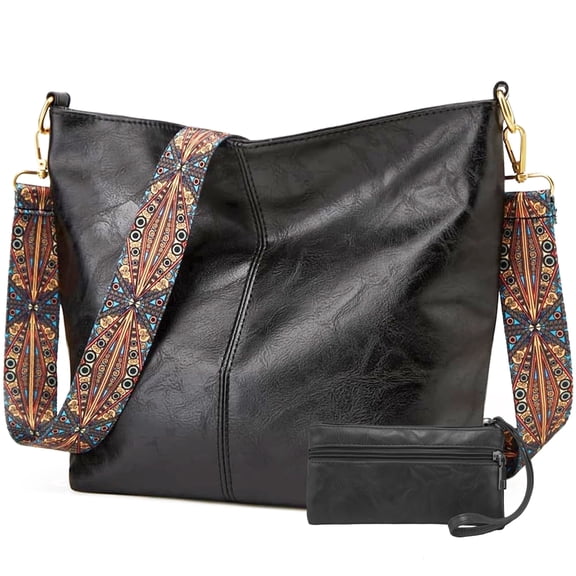 WANDF Hobo Bag for Women,Chic PU Leather Shoulder Bags with Wide Strap,Retro Commuter Bag with Coin Purse for Ladies,Crossbody Tote Bag Handbag for Work, Shopping,Travel(Black)