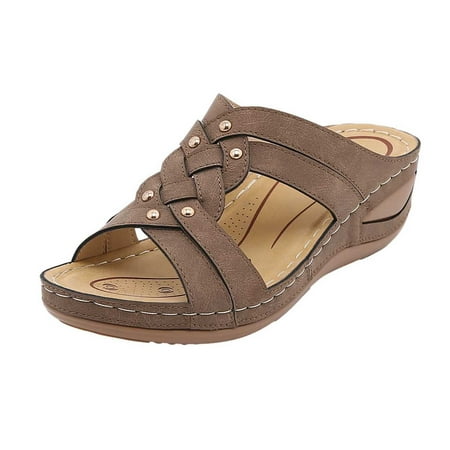 

YanHoo Wedge Slide Sandals for Women Dressy Comfortable Orthopedic Walking Slippers with Arch Support Anti-Slip Breathable Sandal Vintage Slip On Sandals Women Dressy Summer Flat Casual Sandal