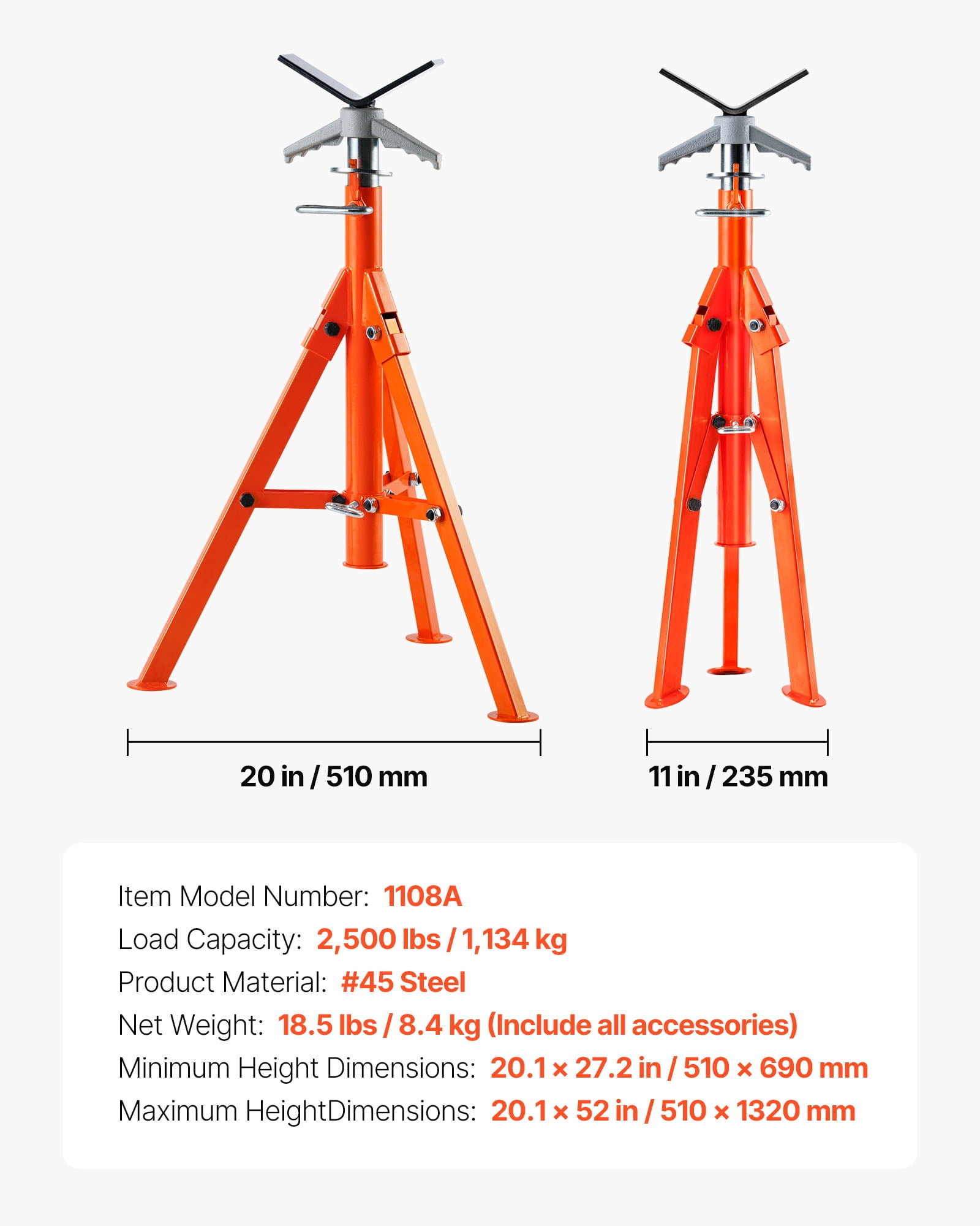 VEVOR Pipe Stand, 2500LBS Heavy Duty Pipe Stands, 27.2"-52" Height Adjustable V Head Pipe Stand, 45# Steel Folding Stand for 1/2-12 inches Pipes