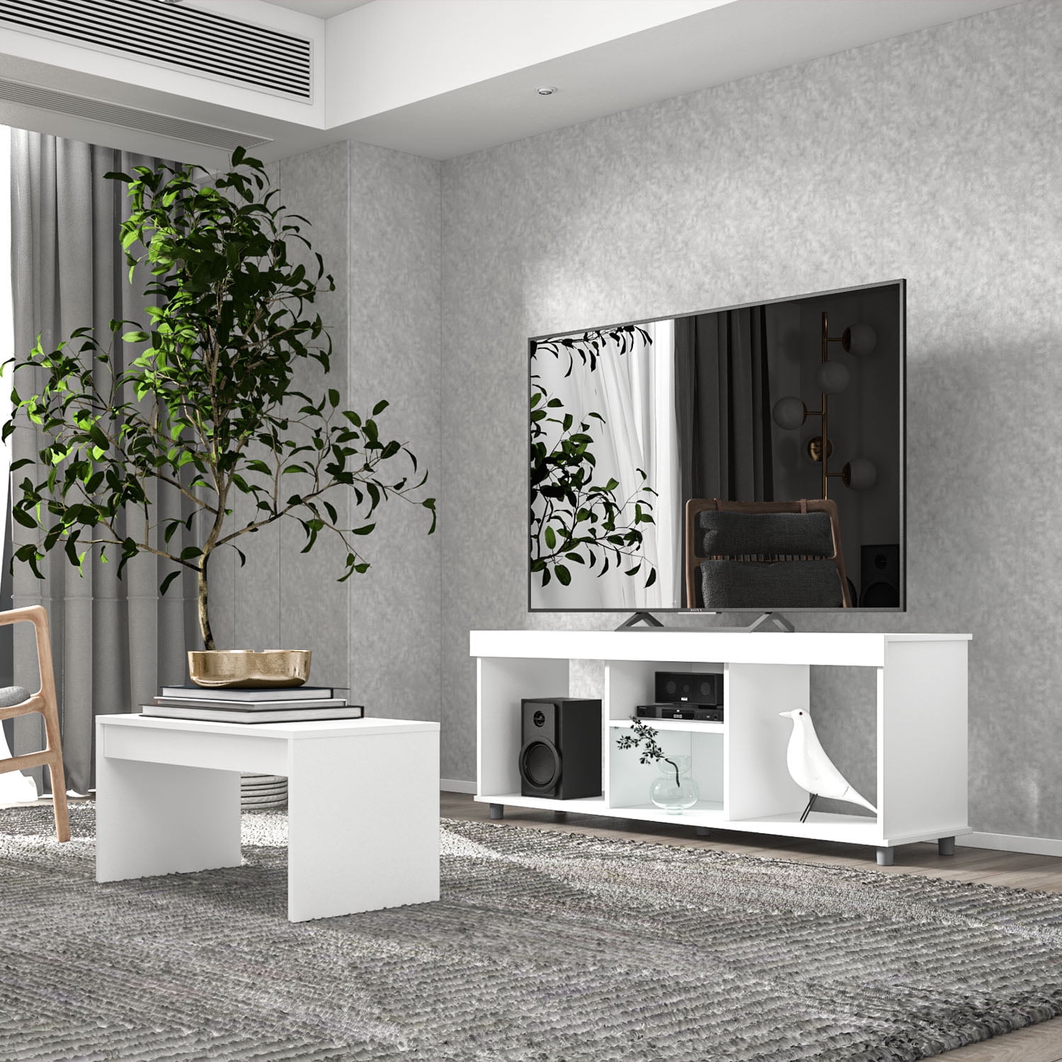 Polifurniture 2 Piece Modern Wood Living Room Set with TV Stand and Coffee Table, White