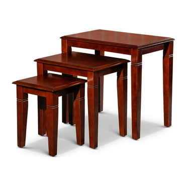 Rustic Rubberwood Nesting Tables for Living Room, 3 Piece Set, Cherry Finish