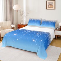 Feelyou Blue Mystic Galaxy Queen Sheet Sets, Fashion Sequin Print Flat Sheet, Bling Cartoon Stars Queen Fitted Sheet, Microfiber Bedroom Decor, 4pcs