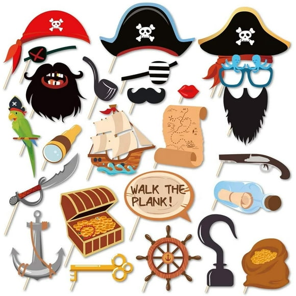 HTOOQ 25Pcs Pirate Photo Booth Props with Stick, Pirates of the Caribbean Theme Selfie Props, Birthday Party Supplies, Photography Backdrop Decorations Pirate Photo Booth Props -