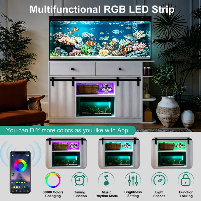 55-75 gal Fish Tank Stand with Power Outlets & LED Light, Aquarium Stand Storage Cabinet with Sliding Door