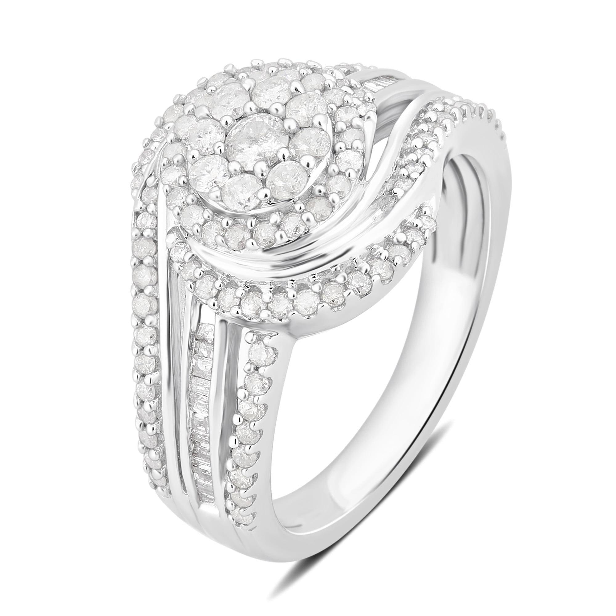 3/4 Carat T.W Diamond Cluster Sterling Silver Engagement Ring. (I-J/I2-I3)