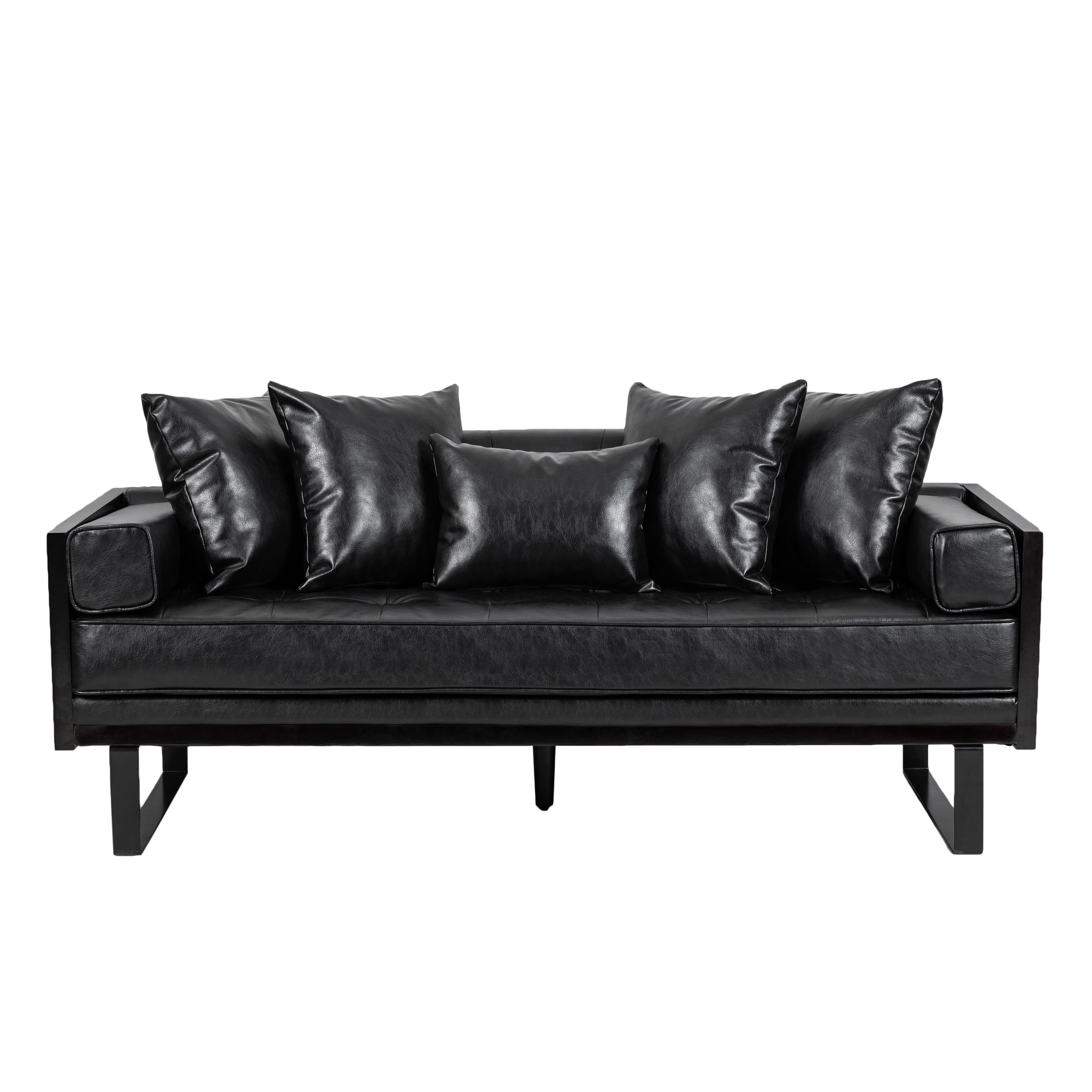 Noble House Gould Faux Leather Upholstered Oversized Loveseat with Accent Pillows, Midnight Black and Black