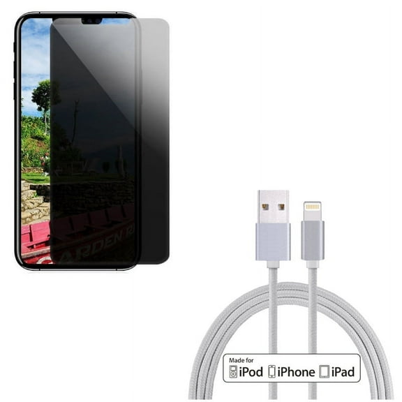 Privacy Screen Protector w MFi USB Cable for iPhone XR - Tempered Glass Curved Anti-Spy Anti-Peep, 6ft Certified Charger Cord Power
