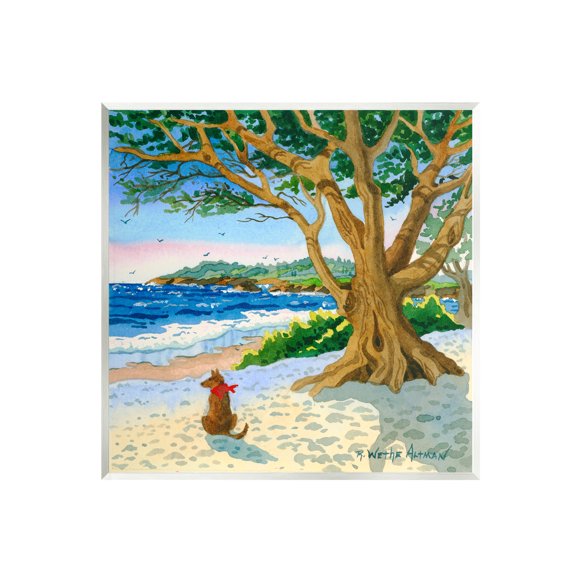 Stupell Industries Dog On Beach Painting Nature Painting Unframed Art Print Wall Art, 12 x 12