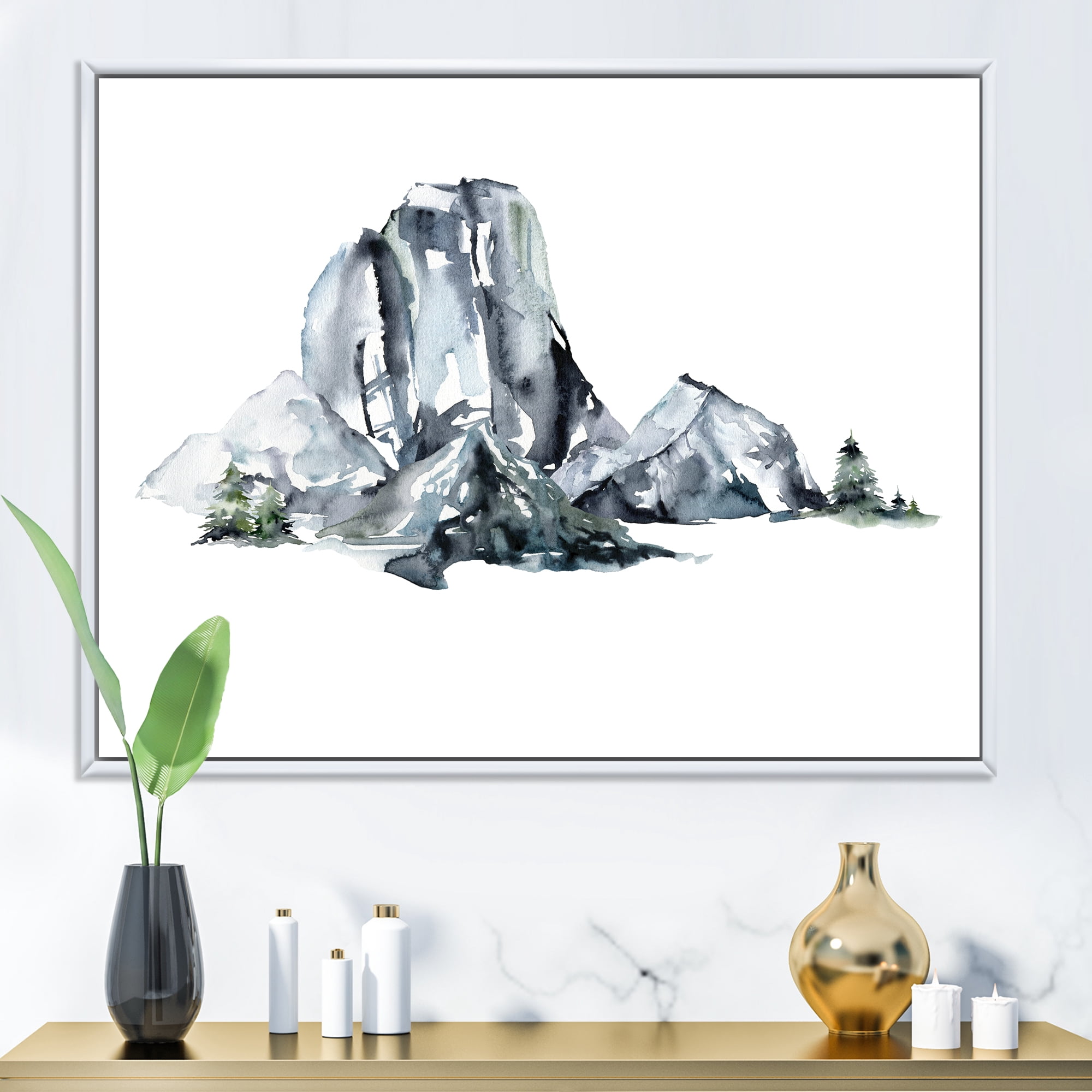 Designart 'Minimalistic Landscape of Forest and Mountains' Modern Framed Canvas Wall Art Print