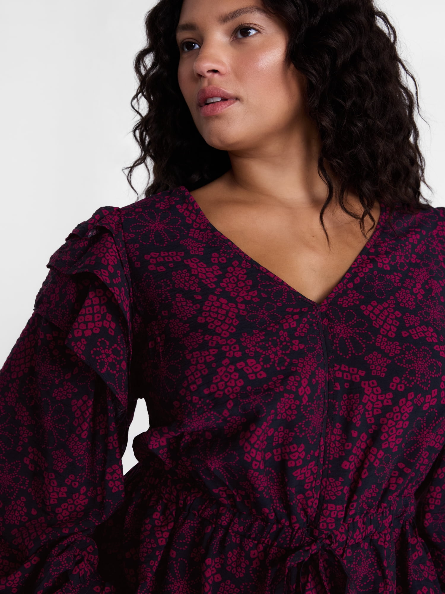 Terra & Sky Ruffled Shoulder Tie Waist Top with Long Puff Sleeves, Sizes 0X-5X