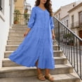 thumbnail image 6 of ClodeEU Women's V Neck Long Sleeve Linen Blend Maxi Dress with Button, Loose Fit Casual Long Dress Blue,Womens Plus XXL, 6 of 8