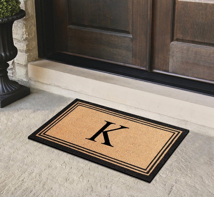 A1HC Black/Beige 24 in x 39 in Front Door Mat Coir PVC Classic Border Entryway Mat Heavy Duty Boot Scrapper Monogrammed Doormat