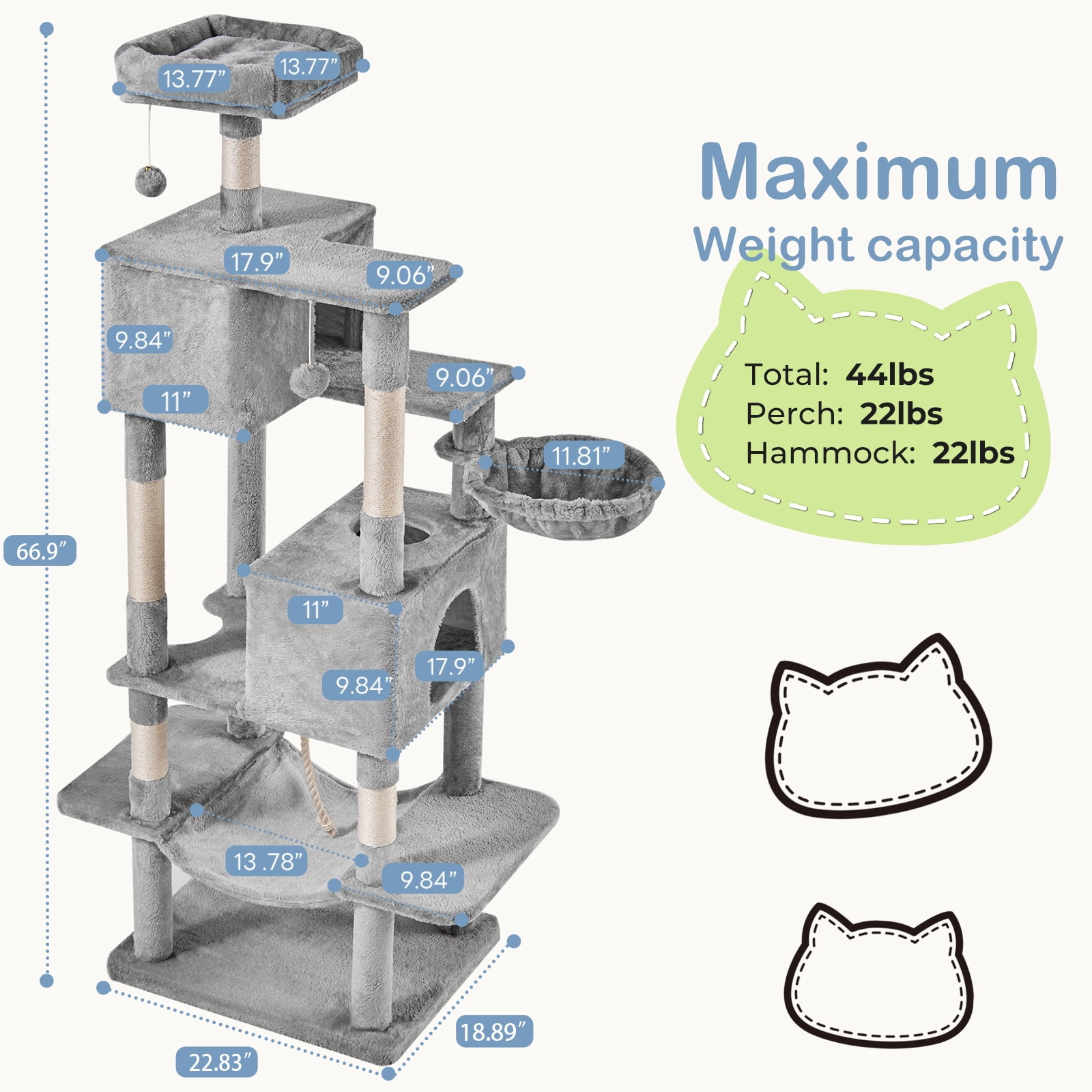 66" Multi-Level Cat Tree Tower with Sisal Scratching Post, Indoor Cat Climbing Tower with Ladder & Plush Toys for Rest & Play