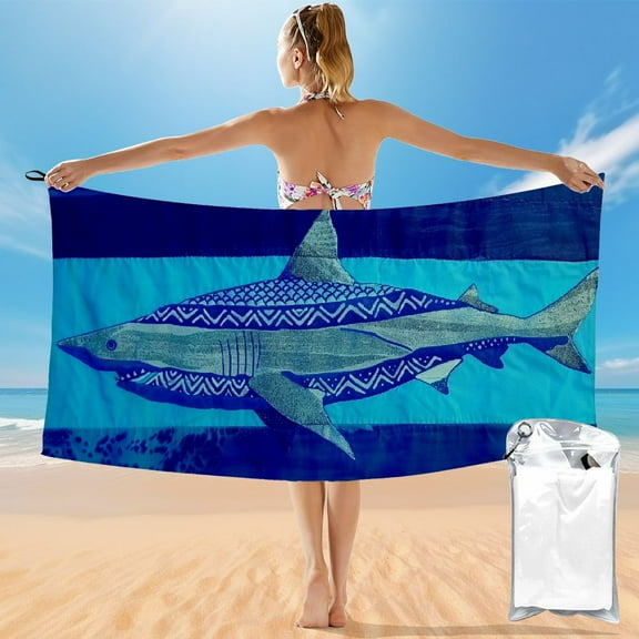 Creowell  Shark Beach Towel – Blue with A Tropical Design, Cool Hawaiian, Navy Beach Towel with Light Blue Stripe 55x27.5in