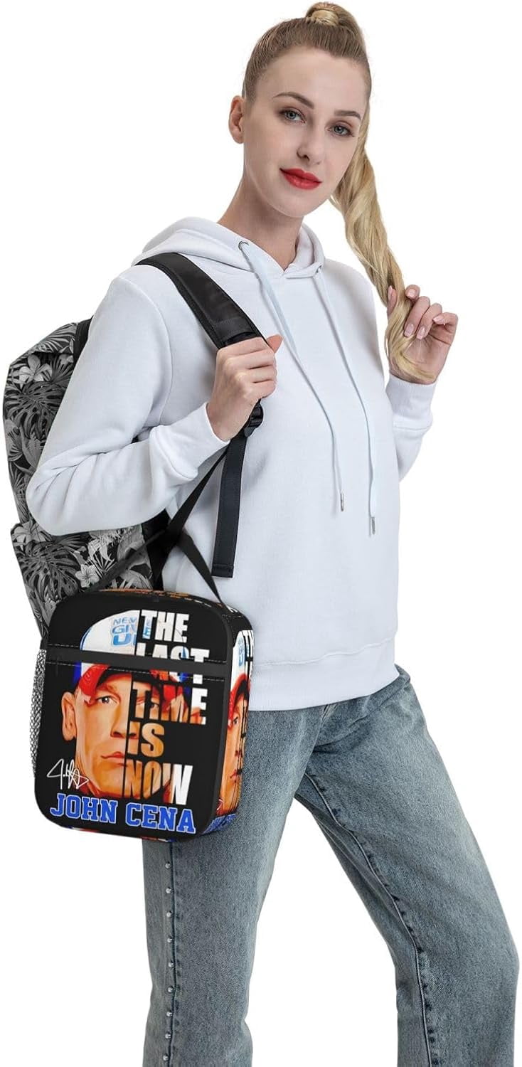John Boxer Cena Lunch Bag Portable Insulated Lunch Box Large Capacity Tote Bag Zipper Net Pocket 10 L X 4 W X 8 H inches for School Work Camping Travel Black