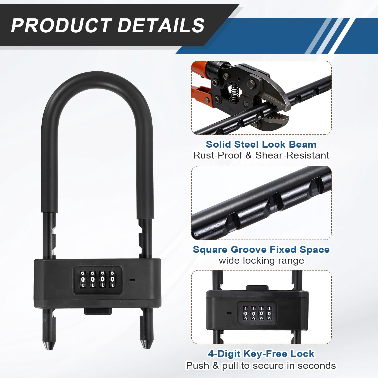 Uxcell 4 Digit Combination Padlock, Long Shackle Padlock - [4.92" - 6.89", Black], U-Shape Adjustable Shackle Lock for Bicycles Electric Bikes Mountain Bikes Glass Doors Gates