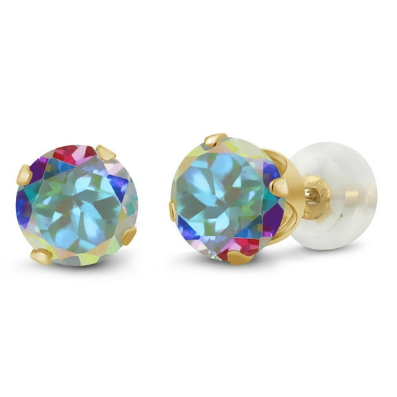 Gem Stone King 2.00 Cttw Mercury Mist Mystic Topaz 10K Yellow Gold Stud Earrings for Women Men | Gemstone Birthstone | Round 6MM