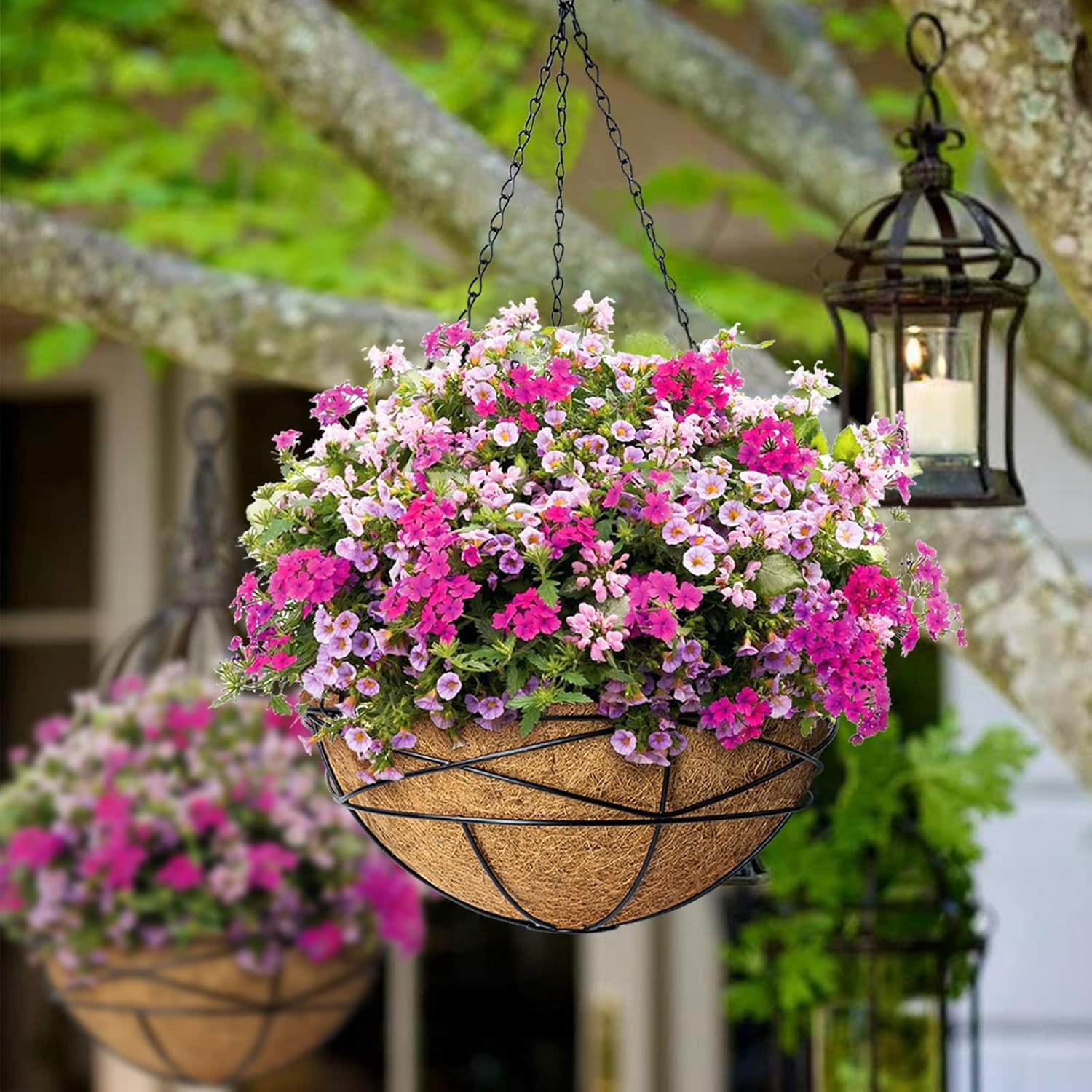 4 Pack 10 Inch Hanging Planters Metal Wire Flower Baskets with Natural Coconut Liners for Outdoor Plants Round Plant Holder Planter for Garden Decor