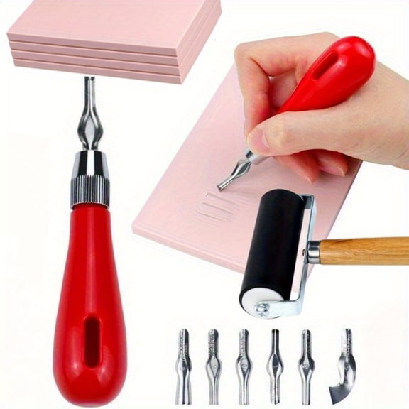 4 Pack Rubber Block Stamp Carving Blocks with Cutter Tools and Rubber Brayer Roller for Printmaking and More Crafts
