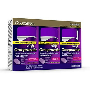 GoodSense Omeprazole Delayed Release Tablets 20 mg, Coated With Wildberry Mint Flavor, Acid Reducer, Treats Heartburn, 42 Count