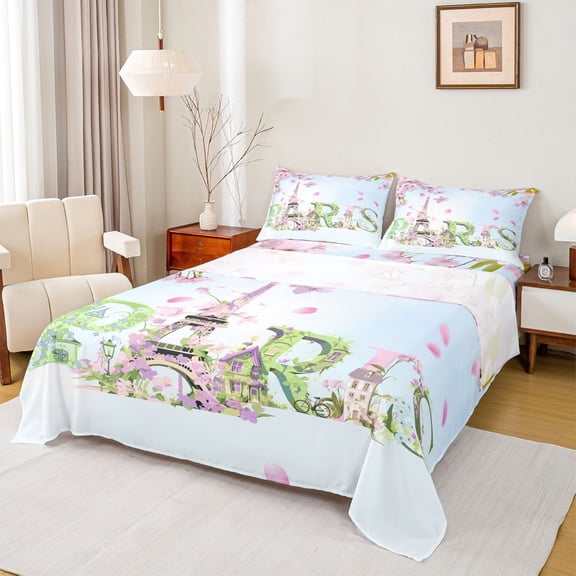 Homewish Paris Eiffel Tower Twin Sheet Sets 3pcs for Teens Adults,Pink Cherry Blossom Twin Fitted Sheet Microfiber,Romantic Valentine's Day Breathable Flat Sheet,Lightweight Room Decor