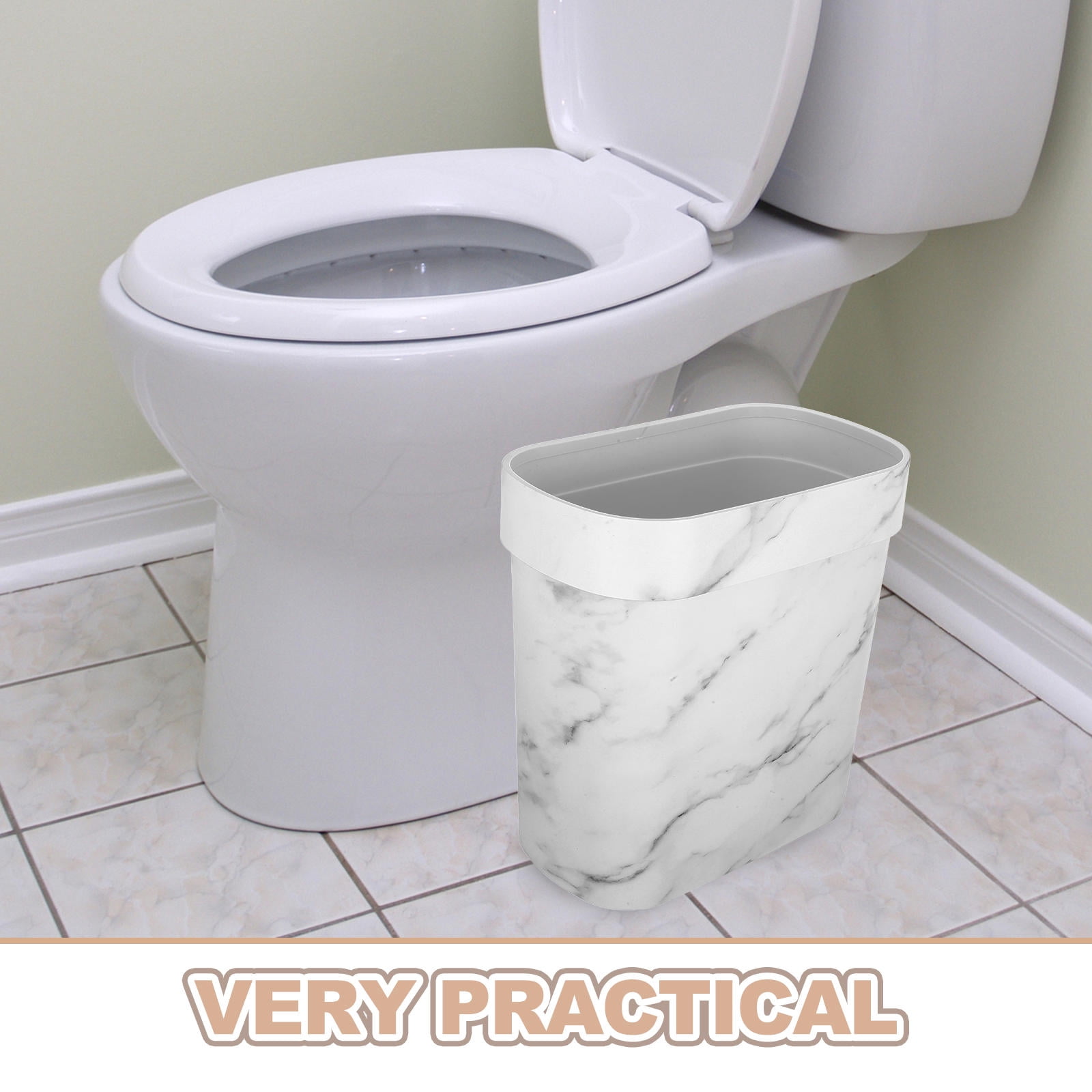 Soimiss White Marble Pattern Oval Plastic Wastebasket Lidless Trash Can for Bathroom and Kitchen