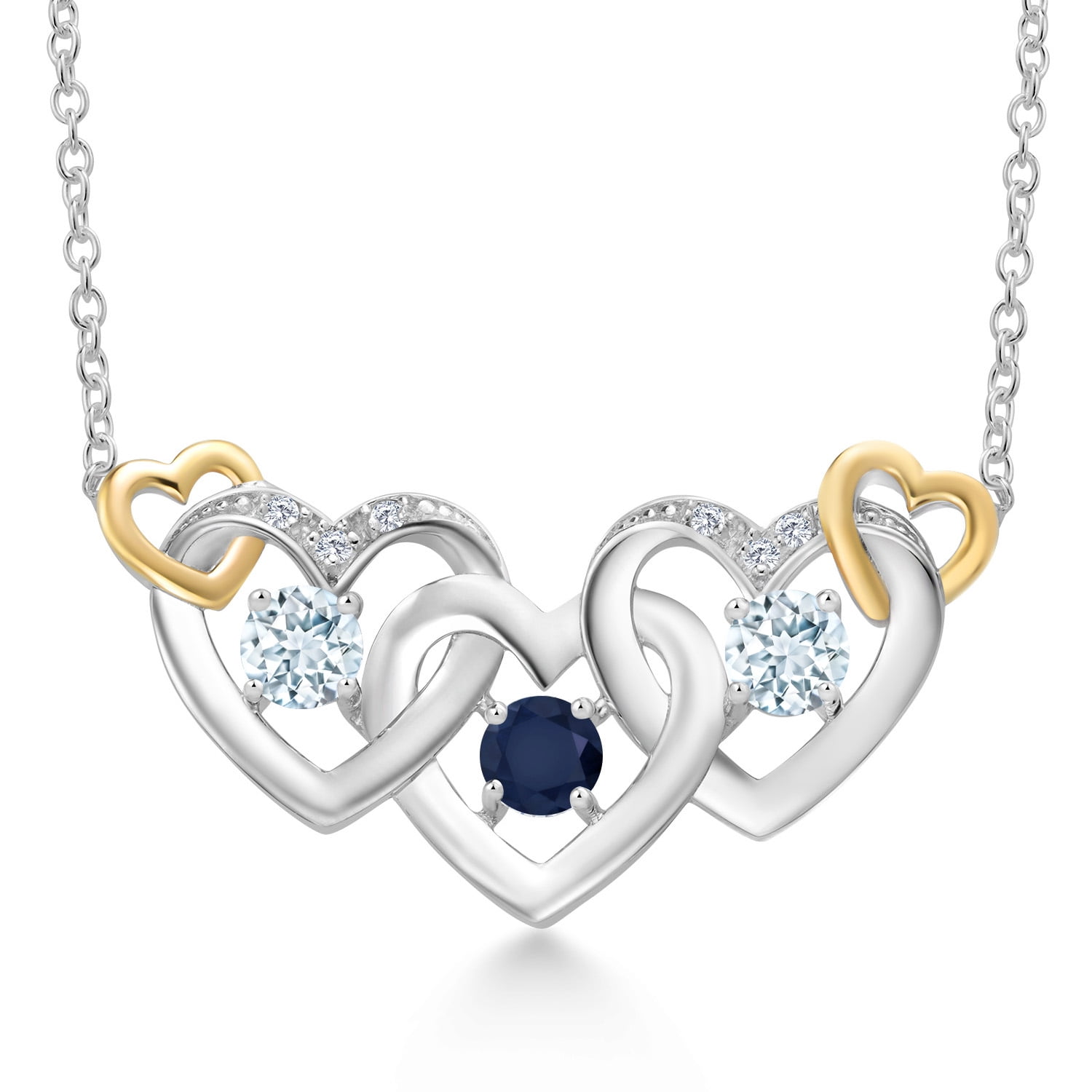 Gem Stone King 925 Silver and 10K Yellow Gold Blue Sapphire Sky Blue Aquamarine and White Lab Grown Diamond Heart Shape Pendant Necklace for Women (0.91 Cttw, with 18 inch Chain)