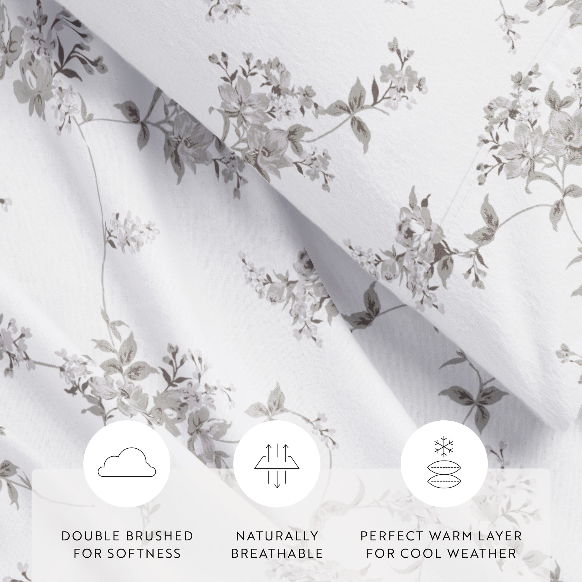 Gray Sylvan Rose 4 Piece 100% Cotton Flannel Deep Pocket Sheet Set, Full, by Noble Linens