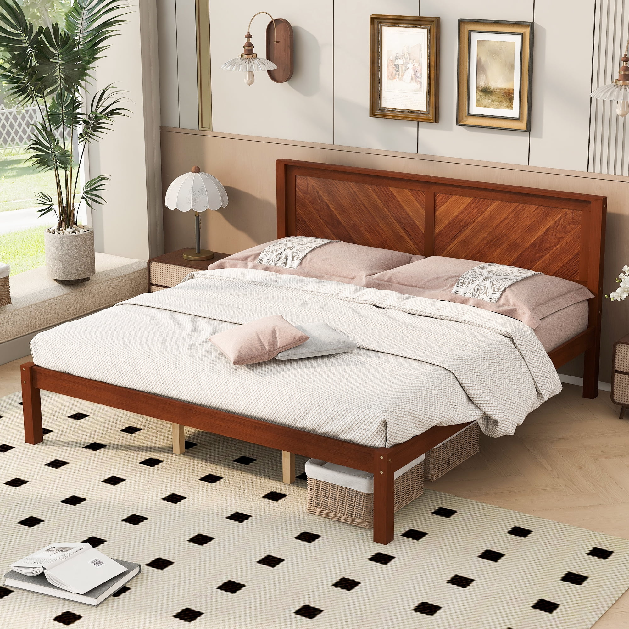 King Size Solid Wood Platform Bed Frame with Herringbone Wood Headboard, Farmhouse Chevron Panel Bed, Under Bed Storage Clearance, No Box Spring Needed, Sturdy Support Legs, Walnut Finish