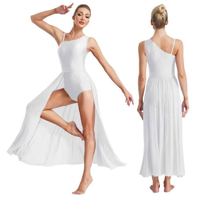 Jelory Robes de Danse Ballet pour Femmes, Justaucorps Sans Manches à Jupe en Maille Asymétrique, Tenue de Gymnastique et de Danse, Blanc P