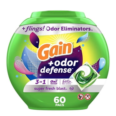 Gain Flings Laundry Detergent Pacs with Odor Defense, Super Fresh Blast Scent, 60 Count