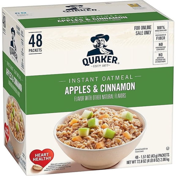 Quaker Instant Oatmeal, Apples and Cinnamon, Individual Packets (48 Count of 1.51 oz Packets), 72.48 oz