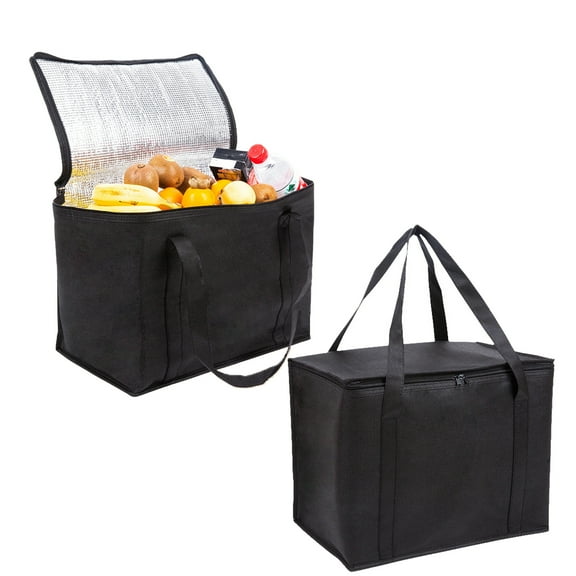 GoXteam 2 Pack Large Insulated Grocery shopping bags, Black Reusable Bag Shopping Bags for Groceries with zipper, Foldable, Heavy-Duty Food Delivery Bag for Men Women Storage Shopping Picnic