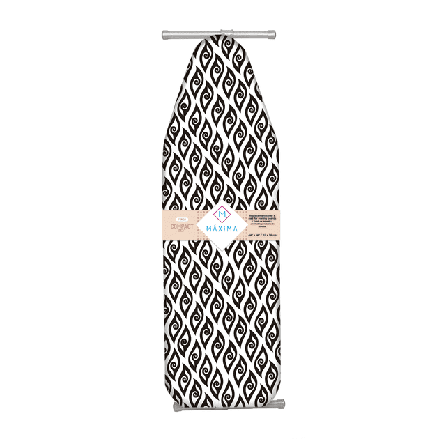 funda para burro de planchar compact spiral best 112 x 36 cm antideslizante repelente de liquidos maxima hogar funda para tabla con patrón espiral negro sobre blanco, banda central con logo Máxima Hogar, superficie acolchada con capa de fieltro de 6 mm y bordes elásticos para ajuste seguro; apta para planchado profesional y uso cotidiano, también usada para renovar fundas antiguas.