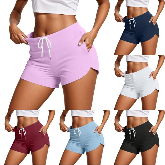 CAIVO Women Summer Workout Sweat Shorts Cute Low Rise Mini Shorts With Drawstring And Pockets Sleepwear Breathable Outdoor Casual Solid Color Bottoms