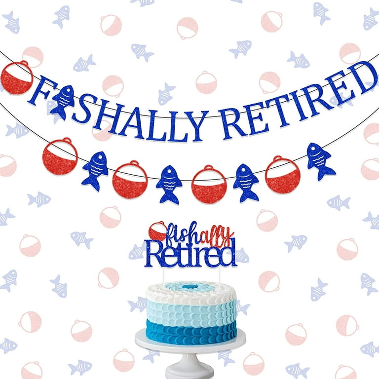 Fishing Retirement Party Decorations for Men, Ofishally Retired Banner Fishing Themed Party Supplies, Blue and Red Glitter Retirement Banner Garland